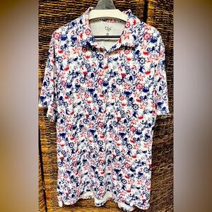 1764 Golf Men's Floral‎ Polo Shirt - White, Red, and Blue, 2XL